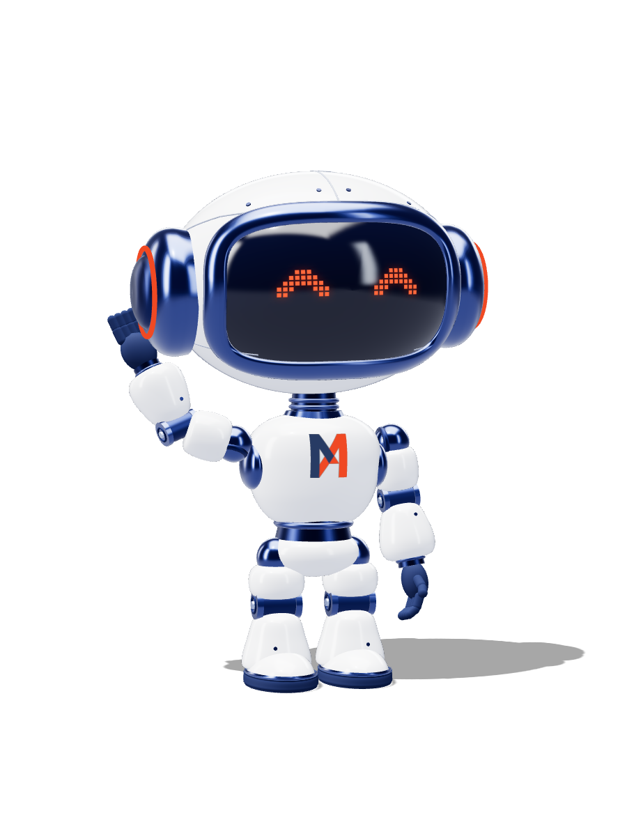 Miles, a small white and indigo robot with a screen for a face
